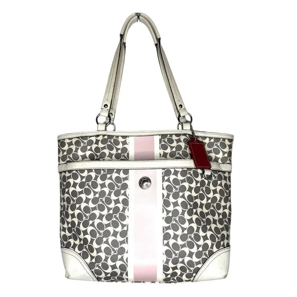 Coach Heritage Signature Stripe Pink White Tote Bag F15137